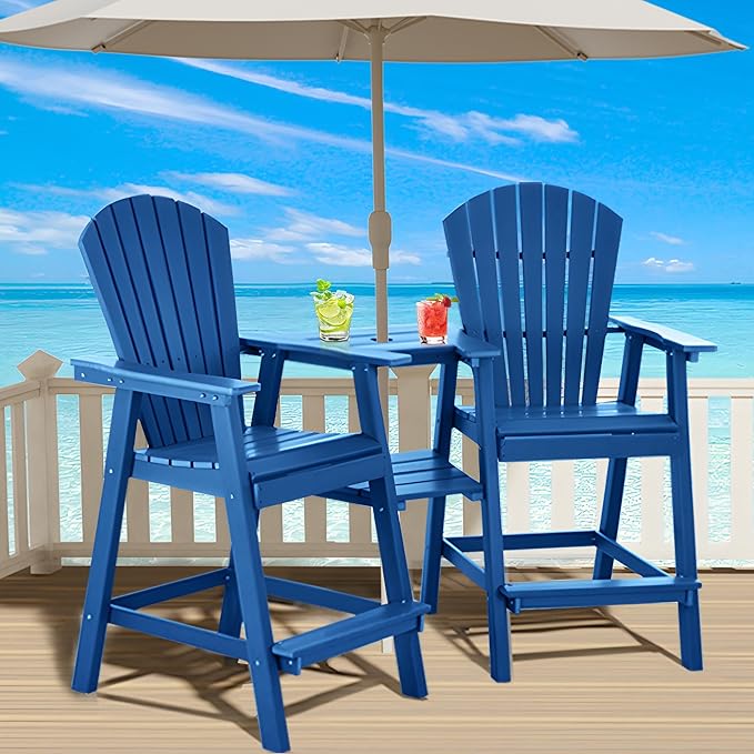 Tall Adirondack Chairs Set of 4, HDPE Balcony Chair with Double Connecting Tray, Weather Resistant Outdoor Adirondack Bar Stools for Patio, Deck, Patio, Backyard, Balcony. (Navy Blue)