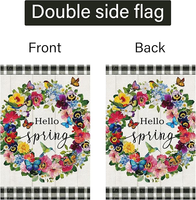 Louise Maelys Hello Spring Garden Flag Pansy Flower Butterfly Double Sided 12x18 Inch Floral Plaid Seasonal Welcome Small Burlap Holiday Yard Sign Outdoor Outside Home Decor
