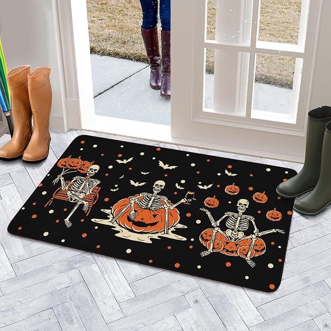 Halloween Decor Welcome Door Mat,Funny Skeleton Home Decoration Non-Slip Indoor Outdoor Front Doormats Rug 17 x 30 Inch