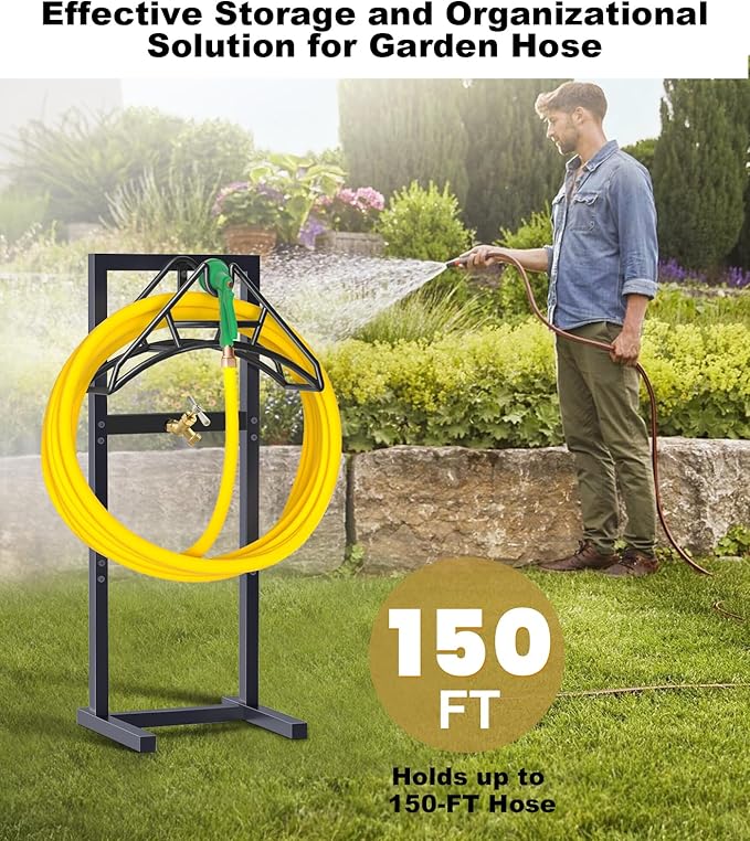 Outdoor Garden Hose Holder Freestanding with Brass Faucet And 4 Spikes, Heavy Duty Metal Water Hose Reel Stand Hanger Rack Organizer Holds Storage 150ft Hose for Outside Yard Lawn, Black