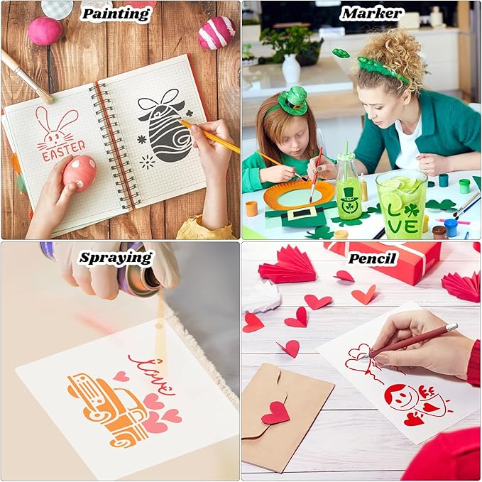 Fainne 100 Pcs 2 Inch Stencils Small Stencils for Painting on Wood Reusable Painting Templates Crafts for DIY Scrapbook, Wood, Wall, Fabric, Rock, Chalkboard, Sign(Bunny, Shamrocks, Heart)