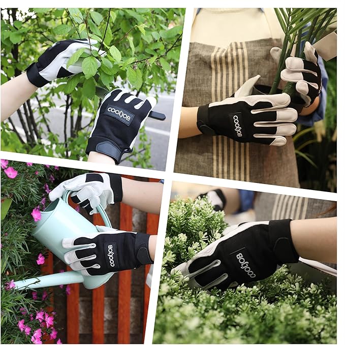 COOLJOB Leather Work Gloves with Grip, Thorn Proof, Heat Puncture Resistant Gloves for Gardening Welding Landscaping, White