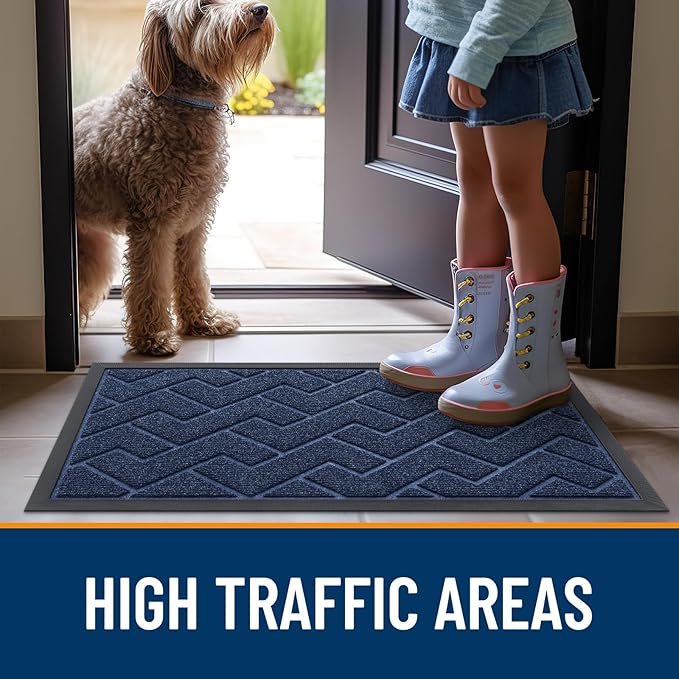 OLANLY Front Door Mat Indoor Outdoor Entrance, Waterproof All-Season, All-Weather Doormat, Sturdy Natural Rubber, Low Profile, Easy Clean Patio Porch Entryway Mat, Herringbone Brick (Blue, 36x24)