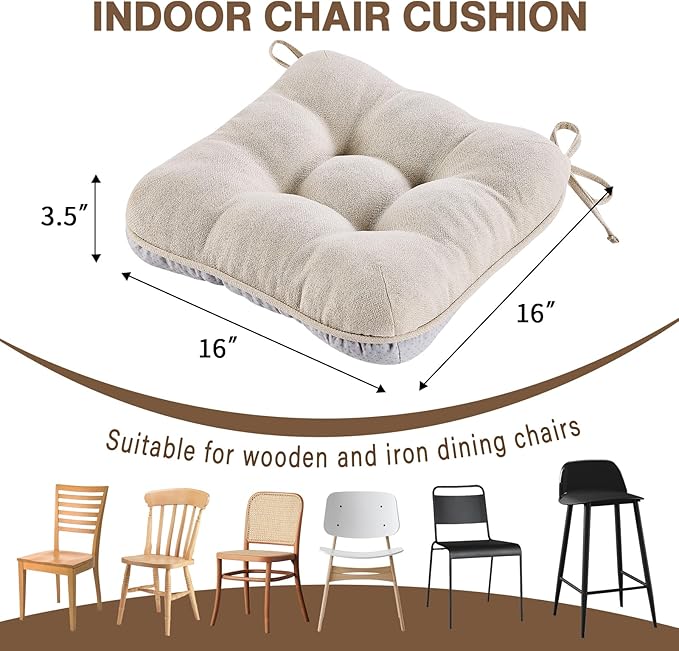 BETU Chair Cushions for Dining Chairs Set of 2,3.5" Thick Kitchen Table Chair Pads with Ties,Non Slip Backing and Covers, Seat Cushion for Dining Room,Bar,Patio Chairs,16"X16"X3.5",Beige