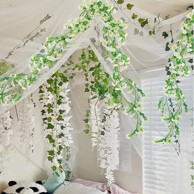CISDUEO Artificial Daisy Flowers Vine Silk Wildflower Garland Spring Fake Flower Vine Hanging Ivy White Daisy Flowers Green Leaves for Wall Party Wedding Arch Floral Decor Home Indoor Outdoor Ceremony