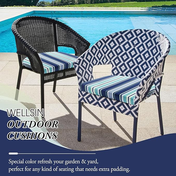 Wellsin Outdoor Chair Cushions for Patio Furniture - Patio Chair Cushions Set of 6 - Water Resistant Round Corner Outdoor Seat Cushions 17"X16"X2", Stripe 02