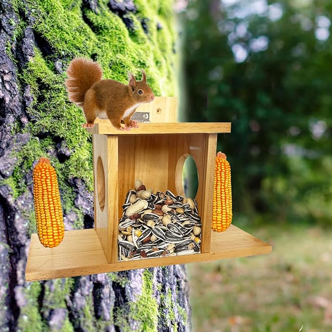Squirrel Feeder, Wooden Squirrel Feeders for Outside with Corn Cob Holder and Removable Front Panel, Outdoors Durable Wood Chipmunk House for Corn Peanuts, Easy to Clean & Refill, Rainproof