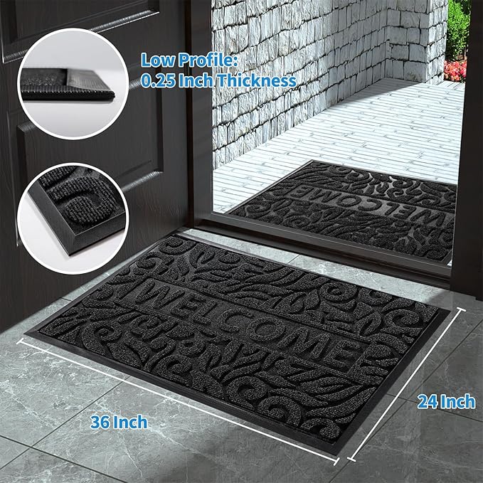 Yimobra Large Welcome Mat 36x24, Waterproof Non-Slip Outdoor Mats for Front Door Outside Entrance, Low-Profile Entryway Mat Indoor for Garage Patio, Black