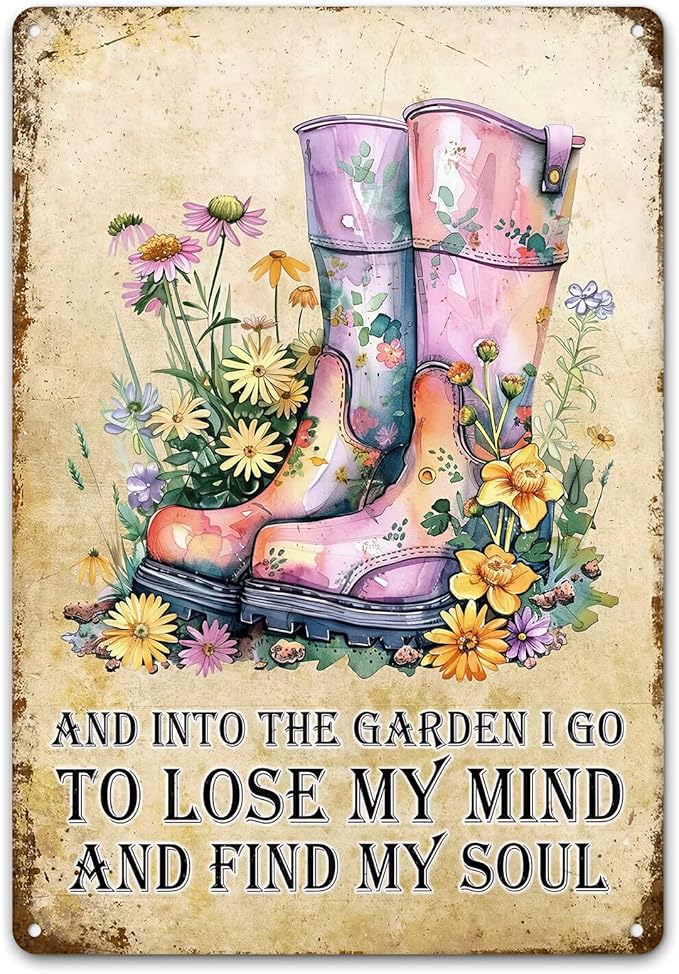 Garden Metal Tin Sign 8x12 Inch, Vintage Floral Rain Boots Wall Decor with Inspirational Quote Into the Garden I Go, Rustic Farmhouse Gardening Sign, Shed Patio Porch Outdoor Bar Cafe Wall Decoration