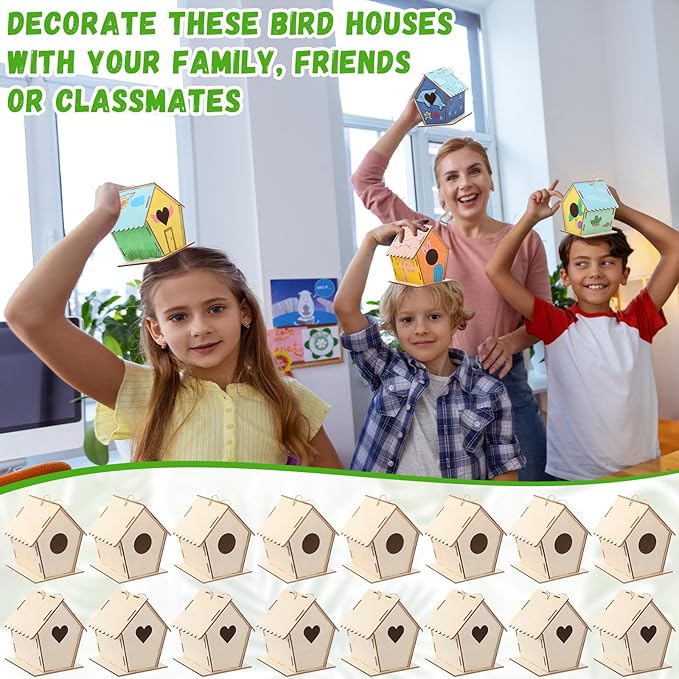 DoubleFill 12 Pack 4.33'' Wooden Bird House Craft Kit for Kids Spring DIY Birdhouse to Build and Paint Unfinished Hanging Birdhouse Bulk Spring Bird Feeder for Class Creative Valentines Crafts
