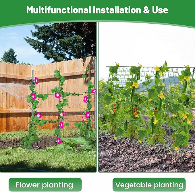 Cucumber Trellis for Raised Bed, 48" x 48" A-Frame PE-Coated Metal Trellis for Climbing Plants Outdoor, Garden Trellis for Vegetables with Climbing Net and Plant Support Clip for Tomato, Grape