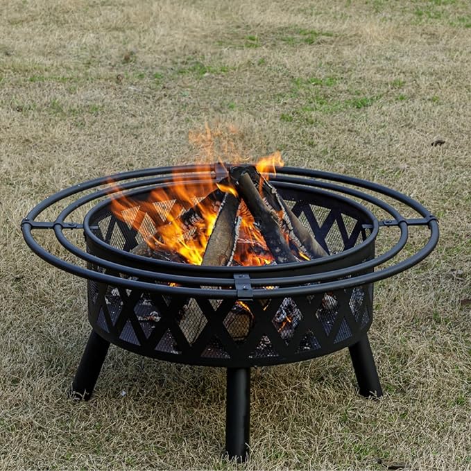 36 Inch Wood Burning Fire Pit with 2 Loops, Outdoor Fire Pit with Spark Screen & Fire Poker, Cross Weave Firepit for Outside Fireplace Bonfire for Yard,Patio, Garden
