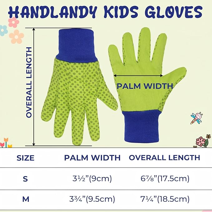 HANDLANDY 4 Pairs Kids Gardening Gloves, Girls Boys Children Garden Work Play Gloves (Green Dot, Small)