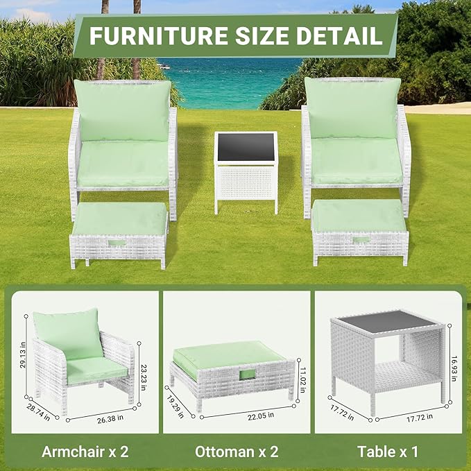 LEVELEVE Balcony Furniture 5 Piece Patio Conversation Set, PE Wicker Rattan Outdoor Lounge Chairs with Soft Cushions 2 Ottoman&Glass Table for Porch, Lawn-Grey Wicker