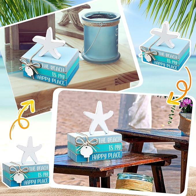 Pinkunn 4 Pcs Beach Table Decor Starfish Seashell Coastal Wooden Block Sign Centerpiece Rustic Nautical Decorative Signs & Plaques for Home Office Desk Shelf Farmhouse Home Living Room(Starfish Shell)