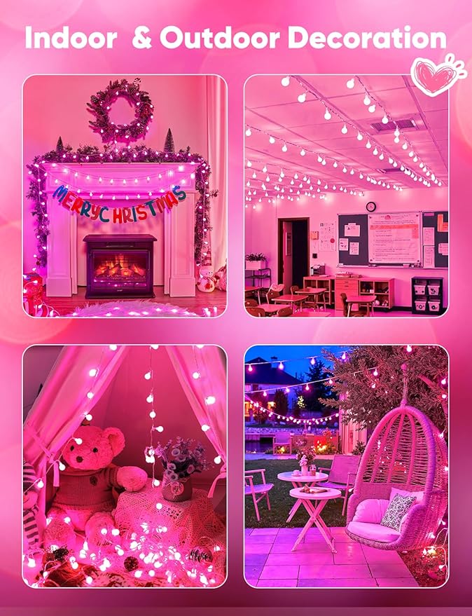Minetom Globe String Lights, 33 Feet 100 Led Fairy Lights Plug in, 8 Modes with Remote Mini Globe Lights for Indoor Outdoor Bedroom Party Wedding Garden Christmas Tree Decor, Pink