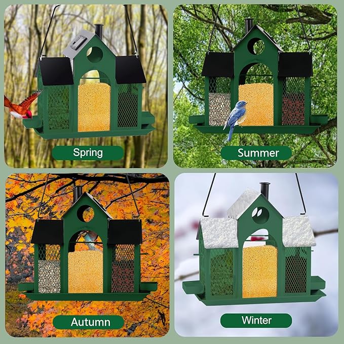 Solar Bird Feeder House for Outside Hanging, Large Capacity Birdhouse Bird Feeders Hanging for Outdoors, Metal Mesh Wild Birdfeeder for Finch Cardinal (Green and Black)
