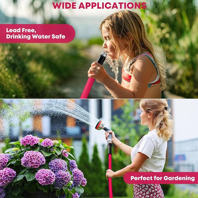 Kohree 25FT RV Water Hose, 5/8'' Premium Drinking Water Hose Leak Free, No Kink and Flexible Garden Hose with Storage Bag, Ideal for RV, Camper, Garden, Truck, Car - Pink
