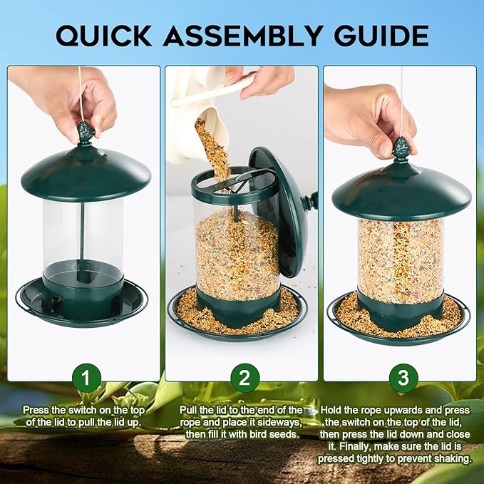 Metal Bird Feeders for Outdoors Hanging, Weather Resistant Wild Bird Feeder with 360 Degree Feeding Tray, Green