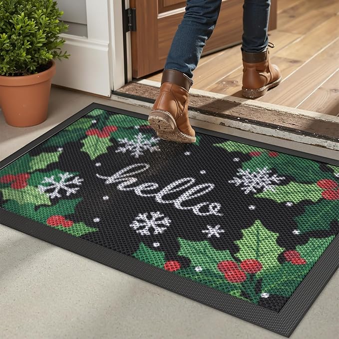 DEXI Front Door Mat Outside Entrance, 2x3 Spring Welcome Entryway Doormat Dirt Trapper, Heavy Duty Non Slip Entry Mats for Patio Garage Porch Home, Green Hello