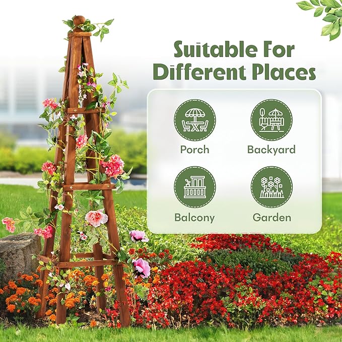 Idzo 61-Inch Wood Obelisk Trellis for Climbing Plants, Outdoor & Indoor Garden Decor, Light Brown, Durable, Space-Saving, Easy Assembly, Ideal for Patio & Yard โ Upgraded 2025