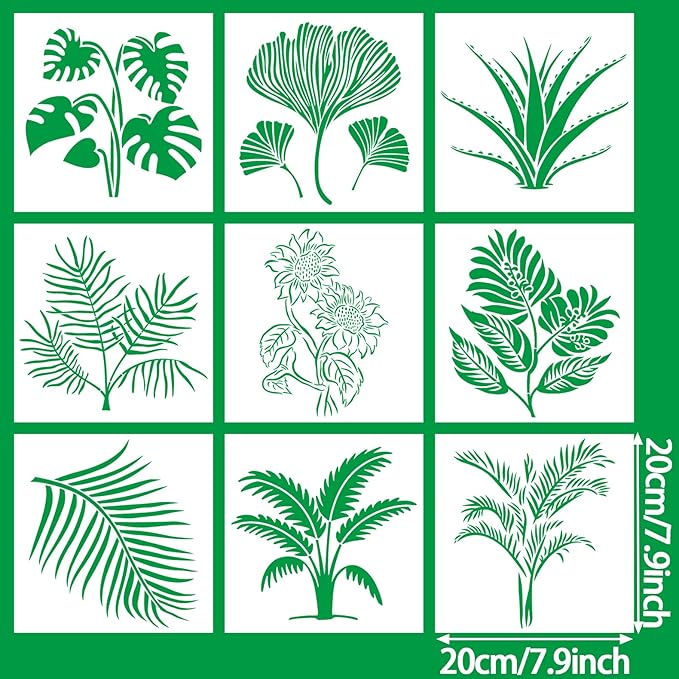 9Pcs Large Plants Stencils Plants Leaf Painting Stencils Reusable Plants Stencil Plastic Art Drawing Templates DIY Crafts Plant Stencil for Painting on Wood Wall Door Canvas Home Decor,7.9 x 7.9inch