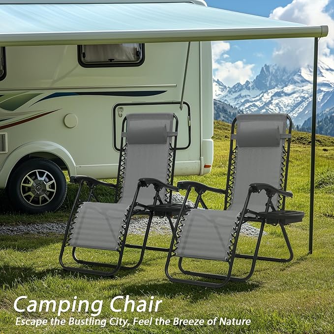 Zero Gravity Chairs, Portable Folding Reclining Lounge Chairs with Adjustable Pillow and Cup Holder Trays for Outdoor, Patio, Beach, Camping, Garden, Poolside, Gray