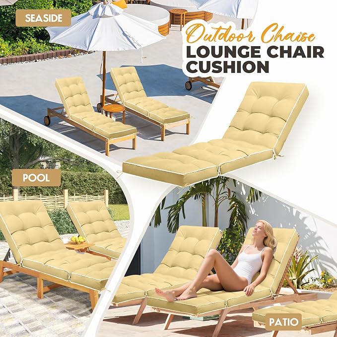 Outdoor Chaise Lounge Chair Cushion, Waterproof Non-Slip Patio Chaise Lounge Cushions for Outdoor Furniture, Thickened Patio Pool Lounger Chair Cushion, 76.4 x 22.8 x 4.7 Inches, Khaki