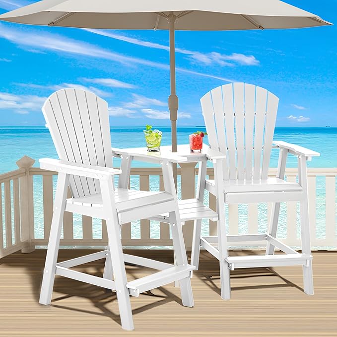 Tall Adirondack Chairs Set of 4, HDPE Balcony Chair with Double Connecting Tray, Weather Resistant Outdoor Adirondack Bar Stools for Patio, Deck, Patio, Backyard, Balcony. (White)