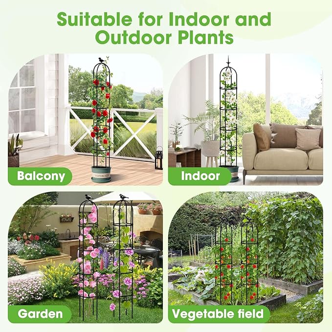 6.2ft Garden Obelisk Trellis for Climbing Plants Rustproof Metal Pipe with Heavy Duty Plastic Coated Garden Outdoor Indoor Potted Plant Support for Clematis Vine Jasmine Support (Black, 6.3 Ft(1 Pcs))