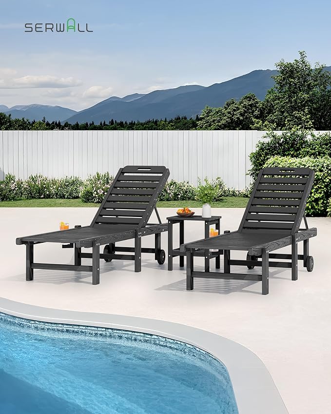 SERWALL Outdoor Chaise Lounge Chair, HDPE Patio Lounge Chair with Cup Holder, 5 Positions Adjustable Poly Lounger with Rolling Wheels for Poolside, Deck, Sunbathing, Grey