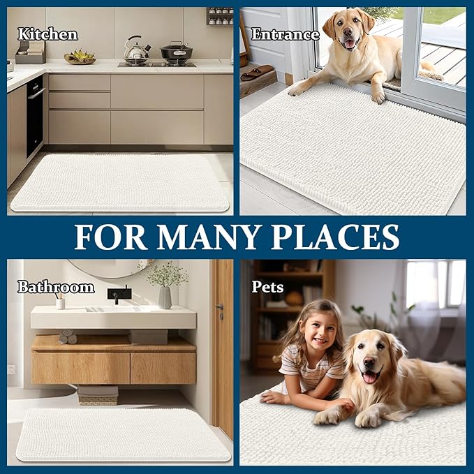 OLANLY Dog Door Mat for Muddy Paws 45x27, Absorbs Moisture and Dirt, Absorbent Non-Slip Washable Doormat, Quick Dry Chenille Mud Mat for Dogs, Entry Indoor Entryway Carpet for Inside Floor, Ivory