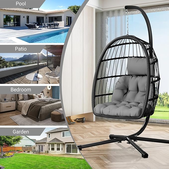 CHABATREE Egg Chair with Stand,Patio Rattan Wicker Hanging Swing Egg Chair Hammock Chair for Bedroom Porch Garden,Thickened Aluminum Alloy Steel Frame and UV Resistant Cushion,350LBS Capacity