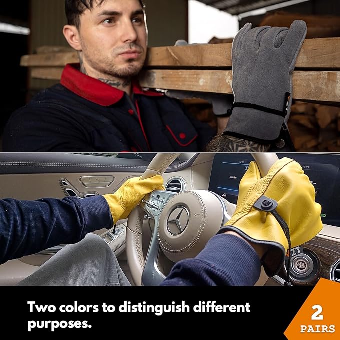 2 Pairs Leather Work Gloves for Men or Women, Non-fading Cowhide, for GardeningConstruction, Welding, Yardwork, driver