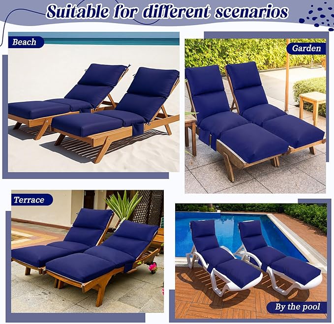 Kigley 2 Pcs Chaise Lounge Cushions, 77.9 x 20.5 x 4.7 Inch Outdoor Lounge Chair Cushions with Pocket, Thick Tufted Patio Recliner Replacement with Ties, Fade Resistant for Pool Furniture (Navy Blue)