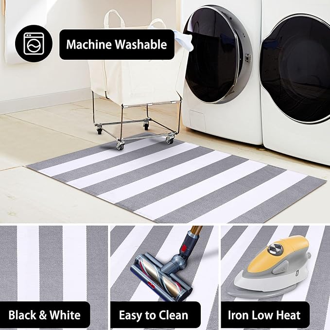 KOZYFLY Striped Outdoor Rug 3x5 Ft Front Door Rug Gray and White Hand Woven Cotton Washable Outdoor Doormats Outdoor Entrance Mat for Front Door Kitchen Entryway Patio Front Porch Decor