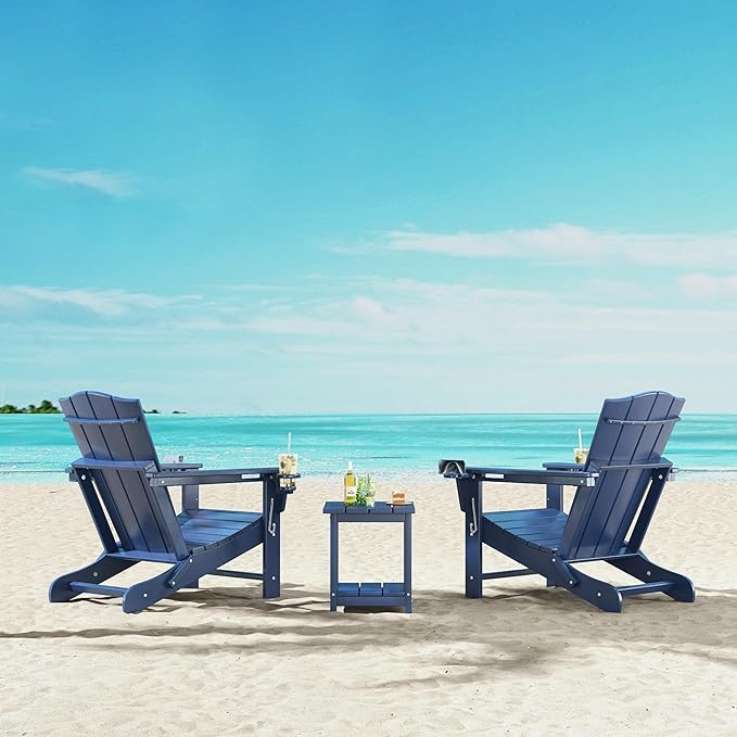Yaheetech Folding Adirondack Chair Outdoor, HDPE Weather Resistant with Cup/Mobile Phone Holder for Deck, Patio, Pool, Backyard, 380lb Weight Capacity, Easy Assembly, Navy Blue