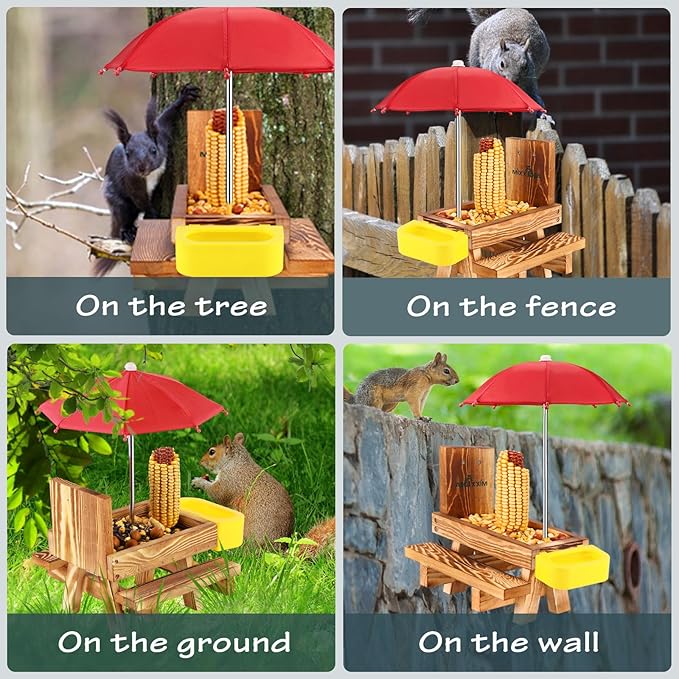MIXXIDEA Wooden Squirrel Feeder Table with Water Bowl, Squirrel Picnic Table for Outside with Umbrella, Brown Squirrel Feeder with Corn Cob Holder Cute Chipmunk Feeder (Brown)