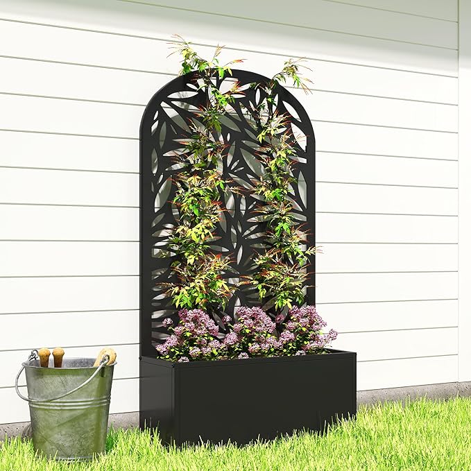 Outsunny Metal Raised Garden Bed with Trellis for Climbing Plants, Freestanding or Wall Mounted Flower Bed with Cueved Privacy Panel, Leaves Cut-Out Outdoor Planter Box for Garden, Patio, Balcony