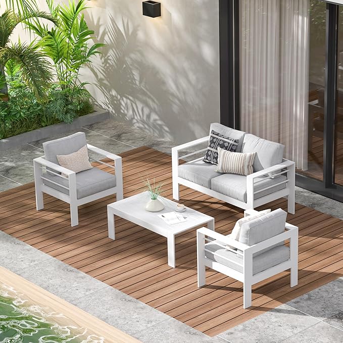 Wisteria Lane Aluminum Patio Furniture Set for All Weather, Oversized Metal Outdoor Furniture Set with 27.5" Deep Seat and 10" Back Cushion, Patio Conversation Sets with Wide armrest, White