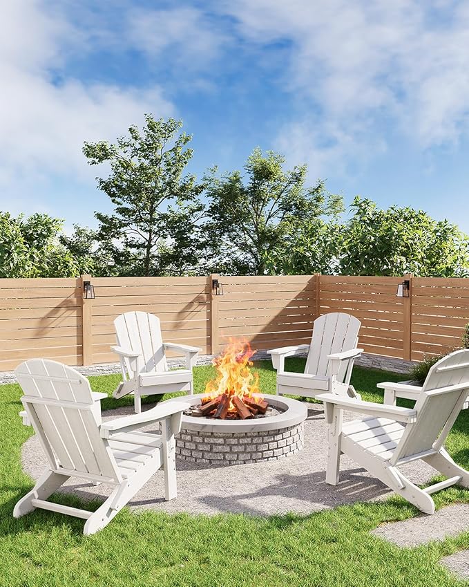 GarveeLife Folding Adirondack Chairs, HDPE Outdoor Patio Chairs All Weather Resistant with Wood Texture for Fire Pit, Deck, Patio, Pool, Backyard - White