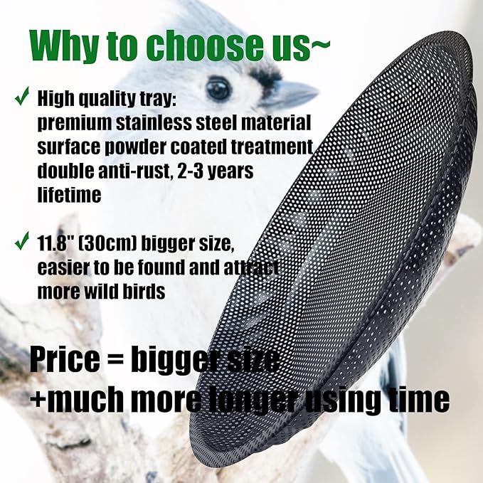 Upgraded Ground Platform Bird Feeder Tray,11.8” Stainless Steel Large Bird Feeder Mesh Seed Tray with A Exquisite Tray Station,Attract Wild Birds,Great Decoration for Garden Backyard