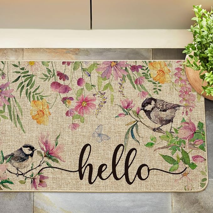 Artoid Mode Bird Flowers Hello Spring Doormat, Home Summer Decor Low-Profile Switch Rug Door Mat Floor Mat for Indoor Outdoor 17x29 Inch