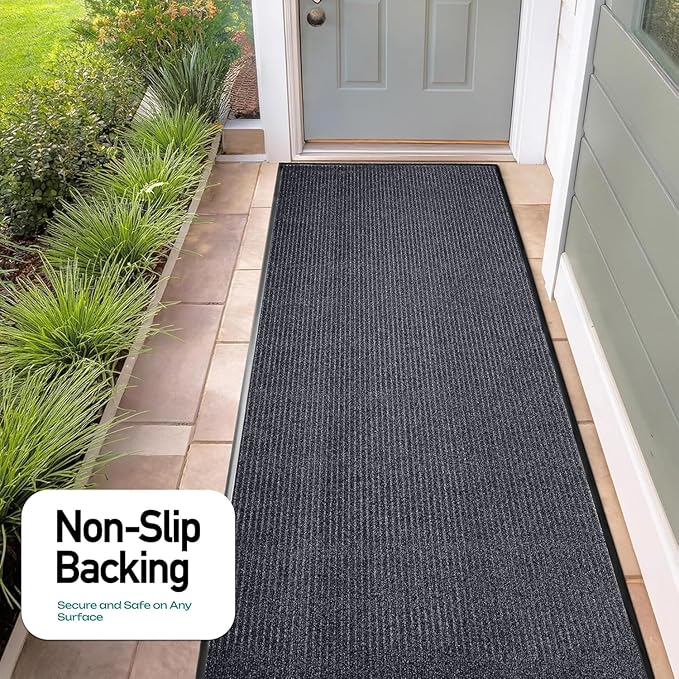 LuxUrux Striped Gray Door Mat - Heavy Duty, Indoor/Outdoor, Easy Clean, Waterproof, Low-Profile (4 x 10 Feet) - Ideal for Entry, Patio, Garage - Durable Solution for High Traffic Entrance Ways