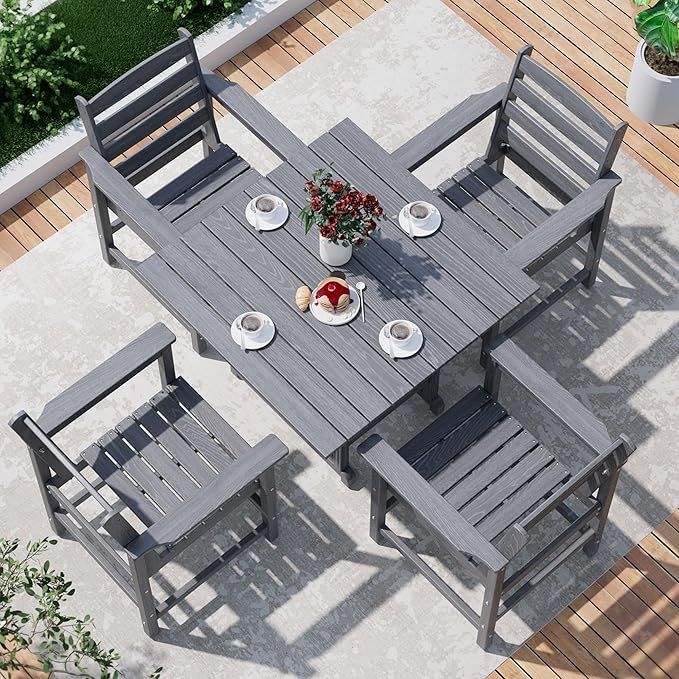 Outdoor HDPE Dining Table Set, 5-Piece All-Weather HDPE Outdoor Table and Chairs with Elegant Armrest, Wood Grain Patio Furniture Sets with Umbrella Hole for Porch, Backyard, Gray