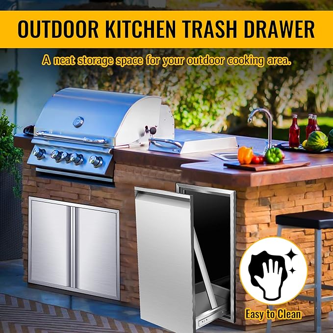 Built-in Single Trash Drawer 14" W x 27" H x 20" D, Pull-Out Tray Outdoor Kitchen Stainless Steel Trash Drawer Storage One Trash Bin for BBQ Island Grill Station