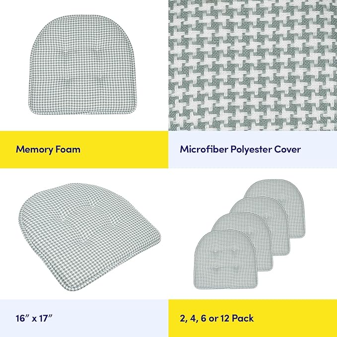 Sweet Home Collection Chair Cushion Memory Foam Pads Tufted Slip Non Skid Rubber Back U-Shaped 16.5" x 15.5" Seat Cover, 4 Count (Pack of 1), Houndsooth Pistachio