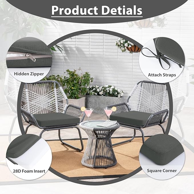 Favoyard Outdoor Chair Cushion Set of 4 Rainproof & Color Fade Resistant 17 x 16 x 2 in Square Corner Patio Furniture Cushions with Waterproof Hidden Zipper Attach Ties for Dining Table Chairs Seats