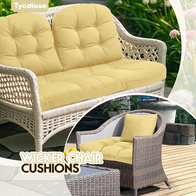 All Weather Wicker Chair Cushions of 3 Pieces, Waterproof Outdoor Wicker Chair Cushion for Patio Furniture Loveseat Settee Bench, 1 Loveseat and 2 U-Shaped Thickened Cushions, Khaki