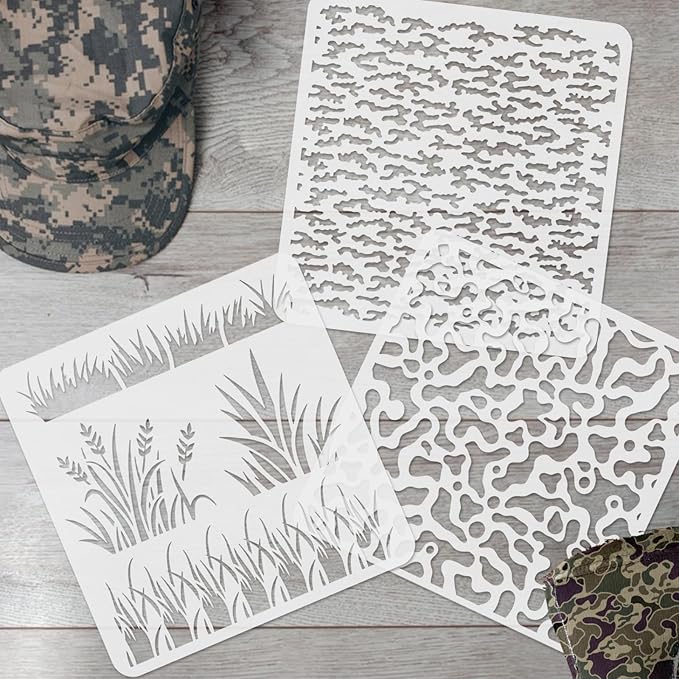 12PCS Camo Stencils for Spray Paint 12 x 12 Inch Camouflage Stencils with Brushes Grass Pattern Stencil Reusable Camo Paint Stencil for Paper Fabric Furniture Wall